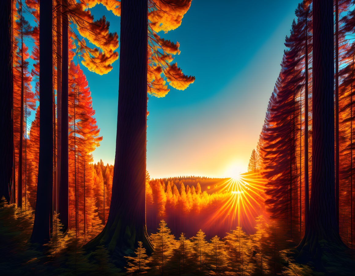 Radiant sunset through dense forest of towering trees