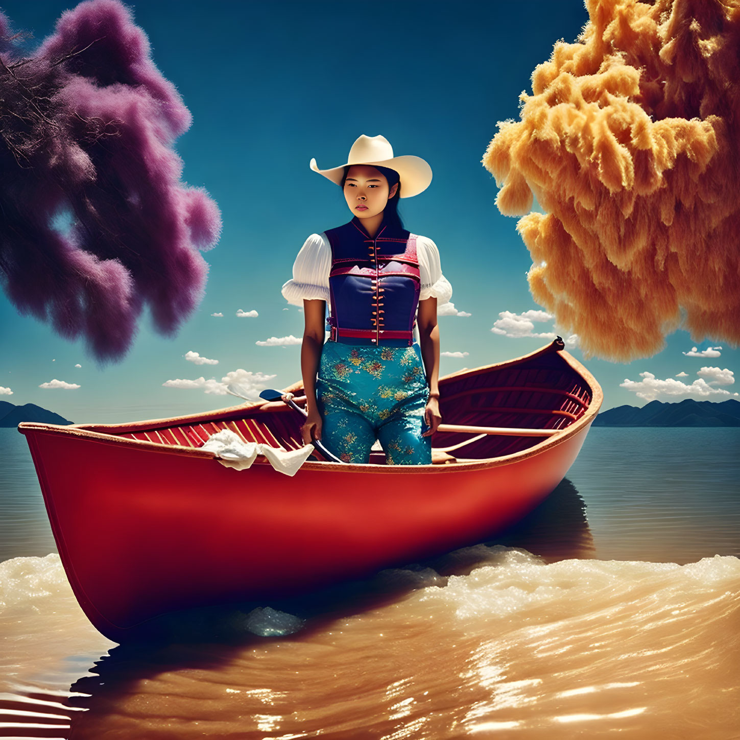 Cowboy hat person in red boat on golden sea under blue sky.