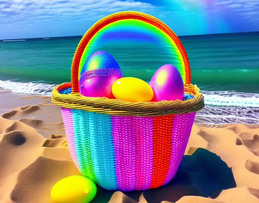 Colorful Easter Egg Basket on Sandy Beach with Rainbow and Ocean Waves