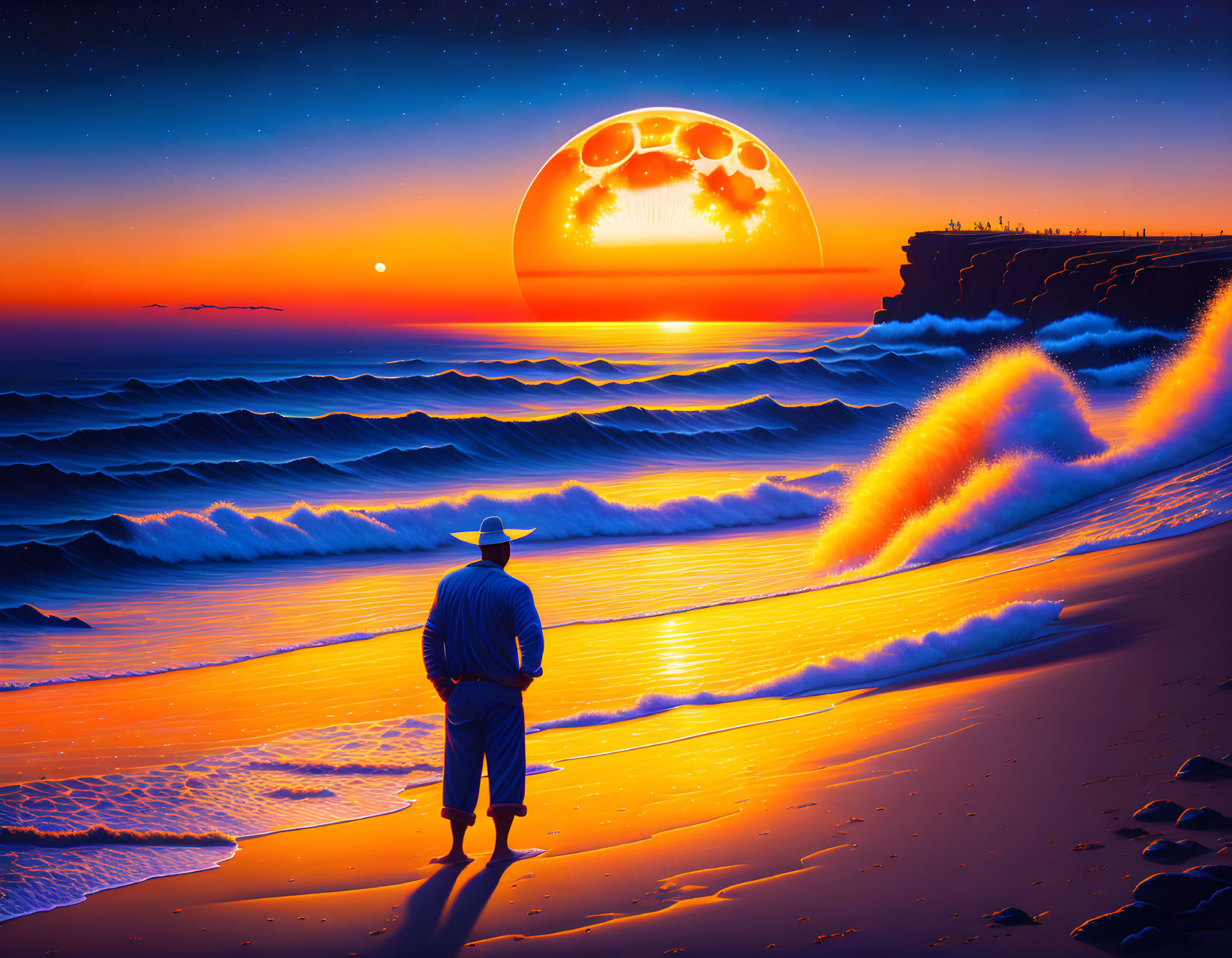 Person on Beach at Sunset with Large Waves and Surreal Oversized Moon