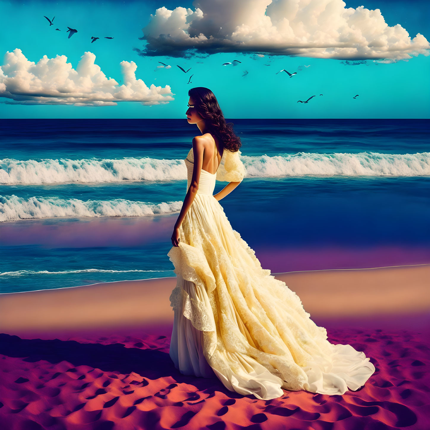 Woman in elegant yellow gown on pink sand beach under blue sky