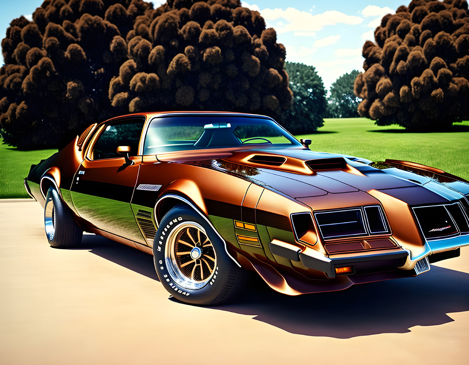 Vintage Muscle Car with Brown & Gold Two-Tone Paint on Manicured Lawn