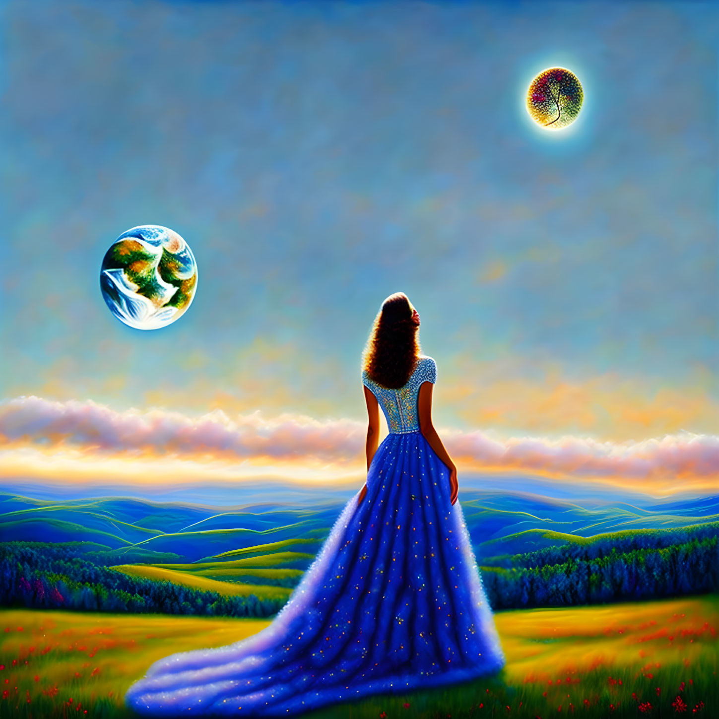 Woman in Starry Dress Contemplates Earth and Celestial Body in Surreal Landscape