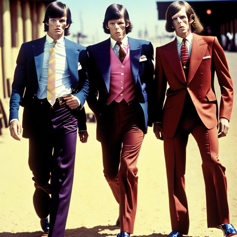 Vintage Suits: Three Men in Flared Pants and Vibrant Ties