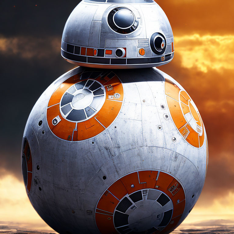 Detailed BB-8 Spherical Robot Against Cloudy Dusk Sky