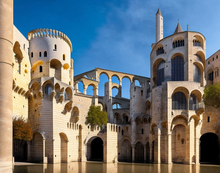 Medieval fortified palace with arched battlements and stone towers