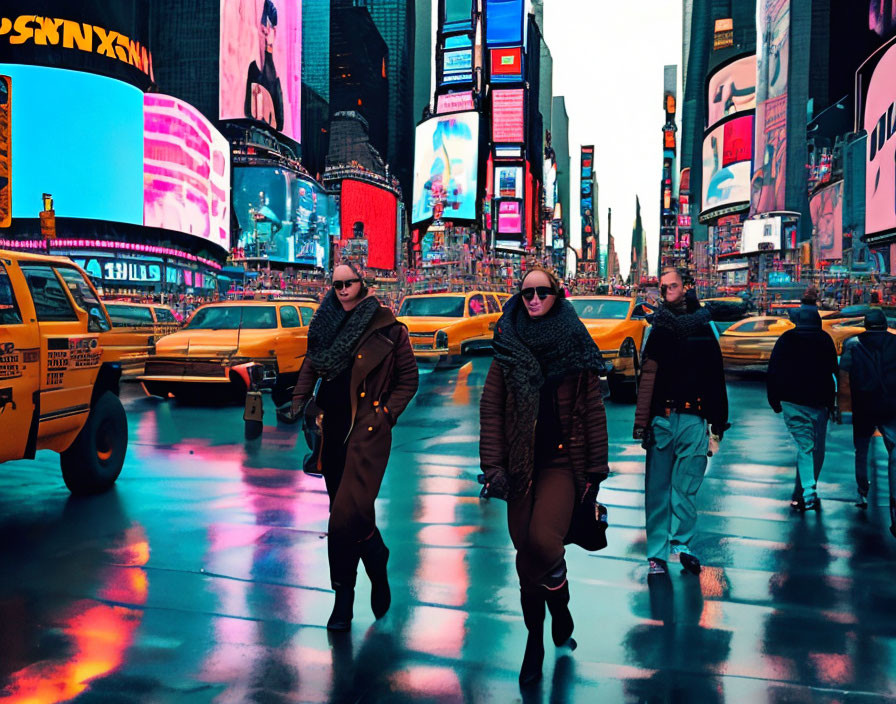 Vibrant Times Square scene with pedestrians, yellow taxis, and neon billboards