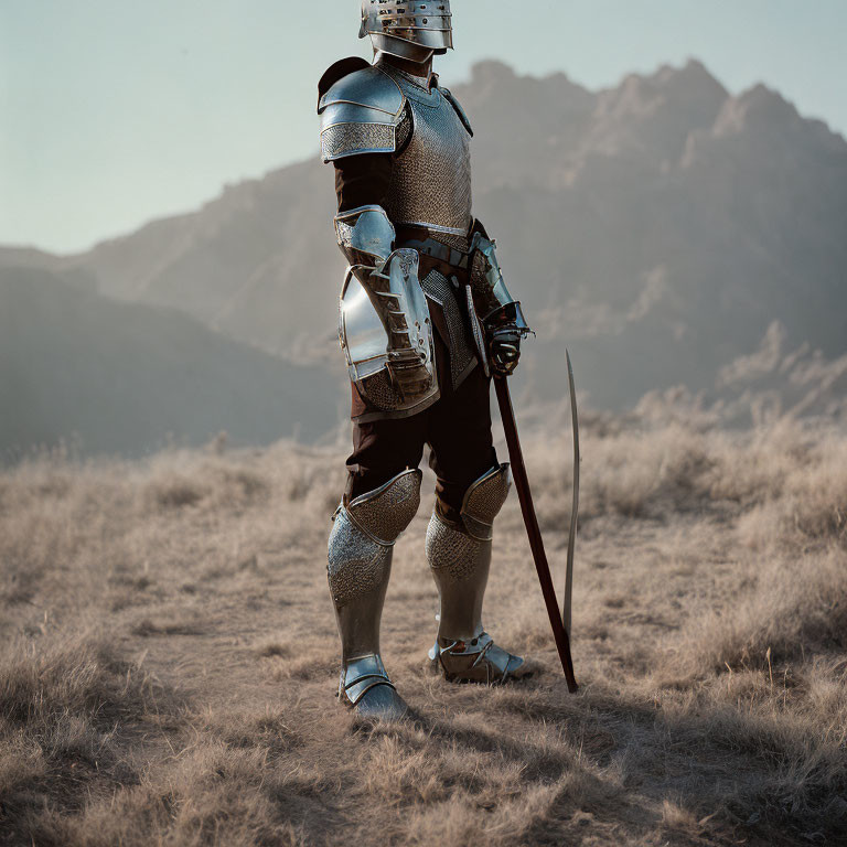 Fully Armored Figure in Grass Field with Sword and Mountains