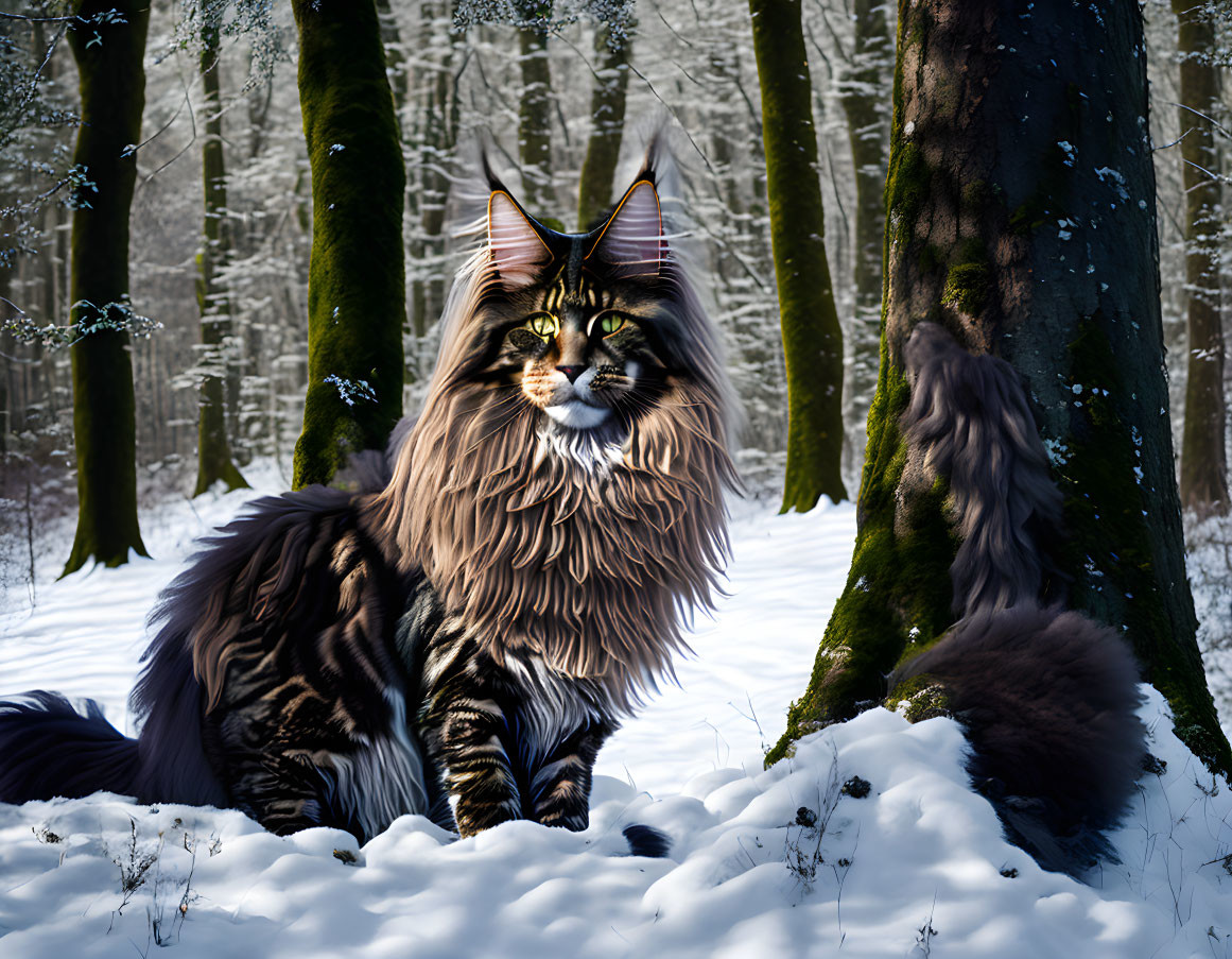 Striped long-haired cat with green eyes in snow-covered forest