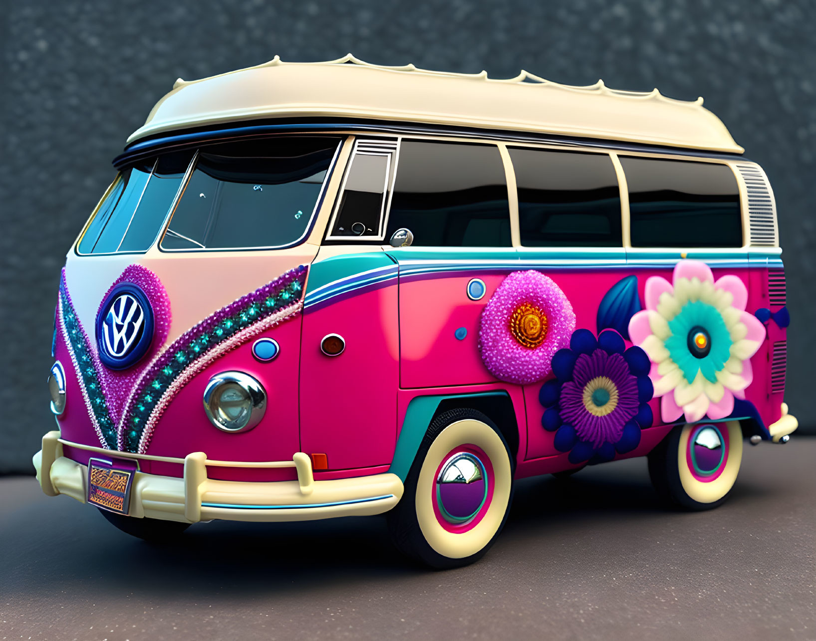 Colorful Retro Volkswagen Van with Hippie Design and Psychedelic Flowers