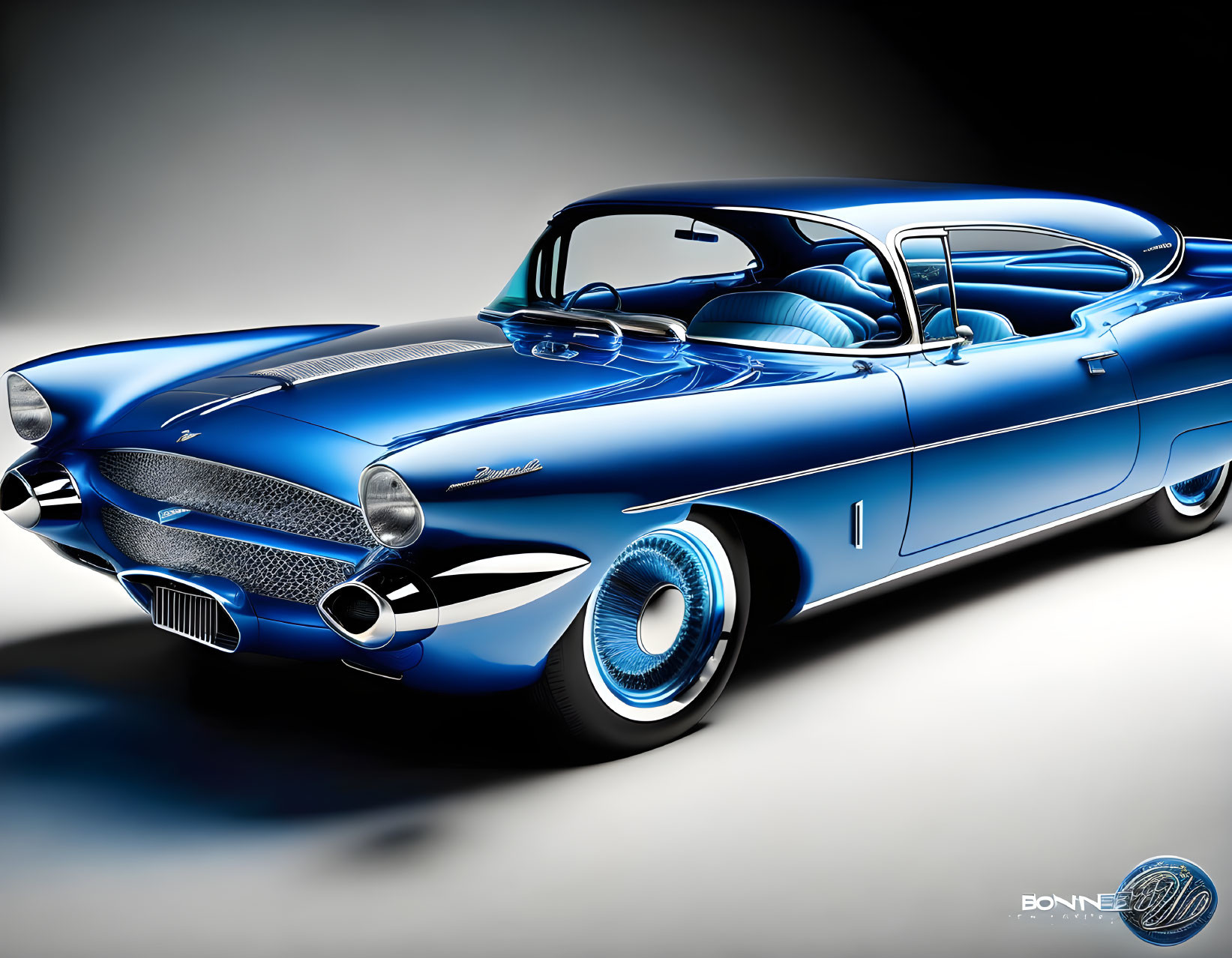 Classic Blue Car with Chrome Details and Tailfins