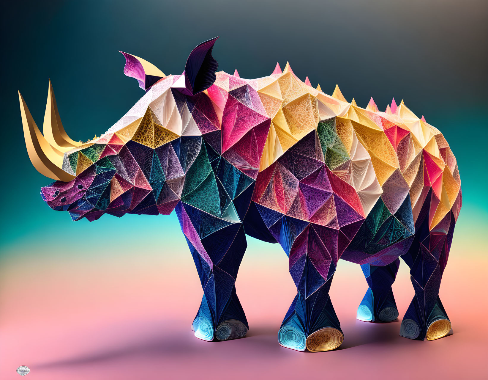 Colorful Geometric Digital Art: Rhinoceros in Triangles on Gradient