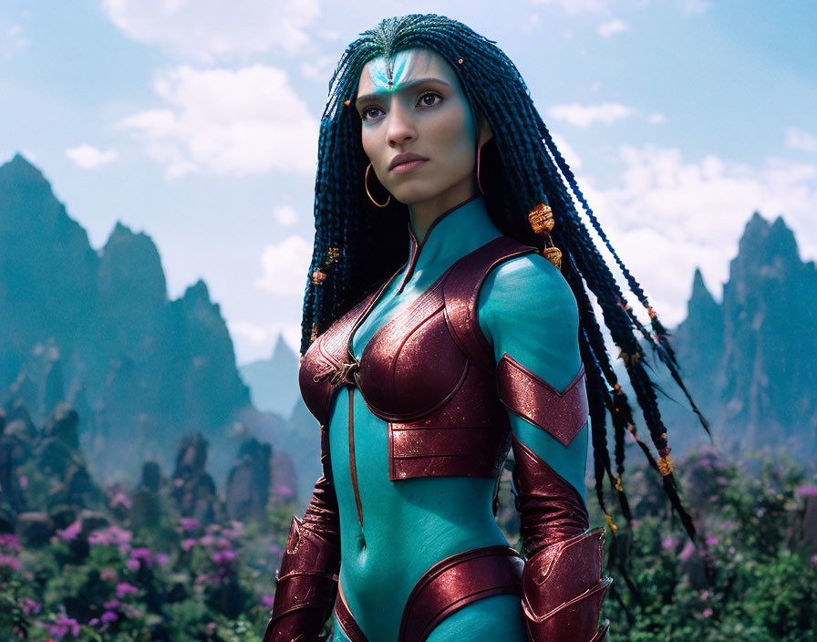Blue-skinned humanoid female with yellow eyes in teal and maroon suit on alien landscape