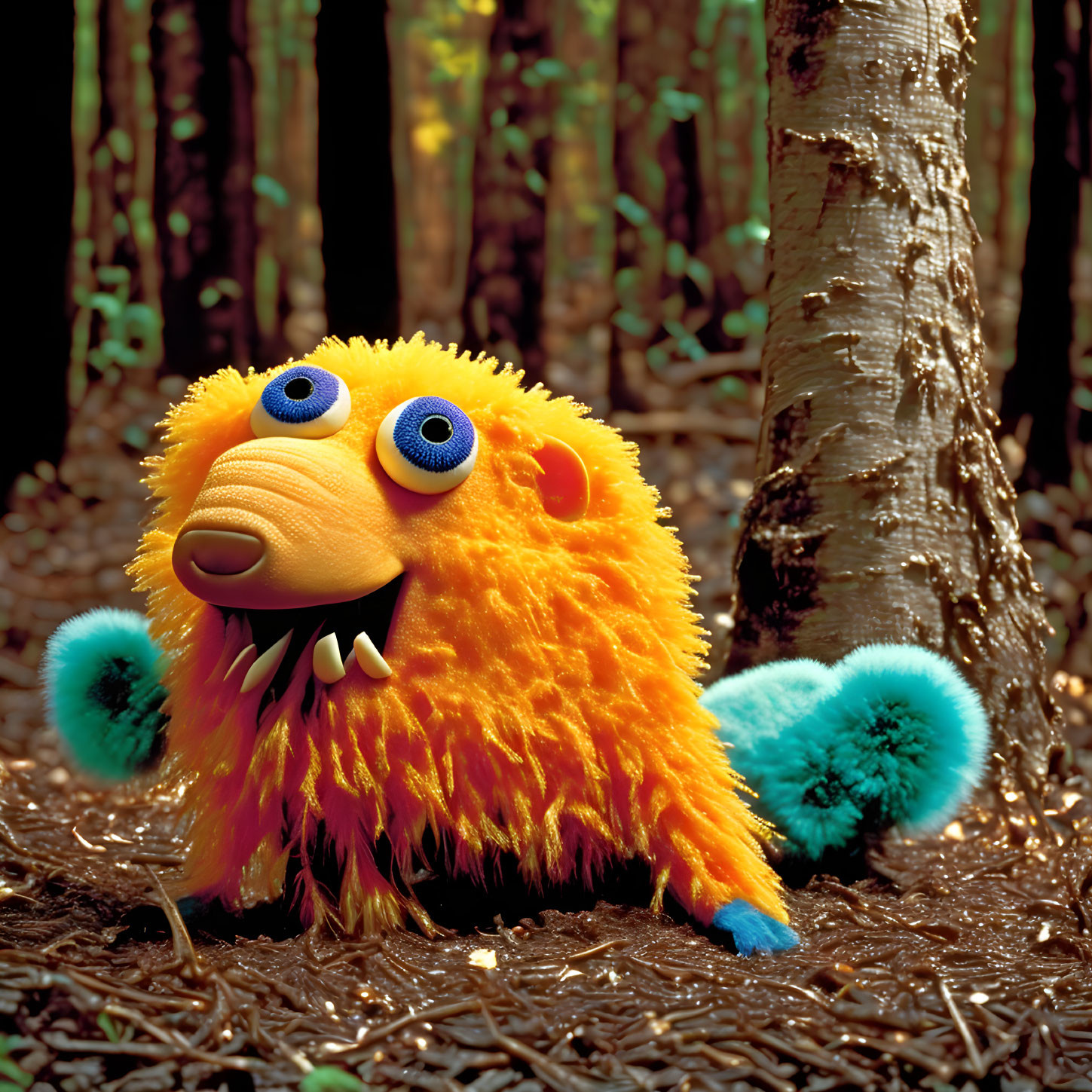 Orange Fuzzy Creature with Blue Eyes, Horns, and Paws in Forest Setting