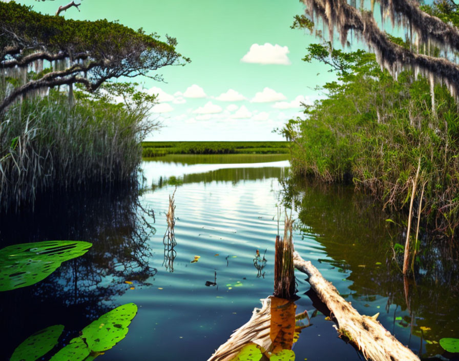 Tranquil wetland landscape with reflective waters and lush greenery