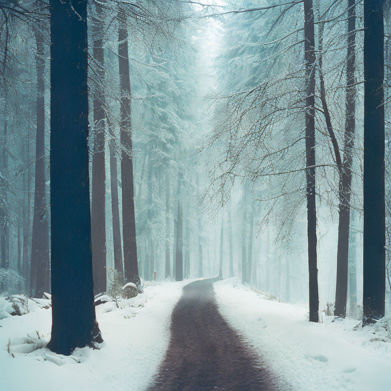 Snowy Forest Path Flanked by Tall Trees in Misty Haze