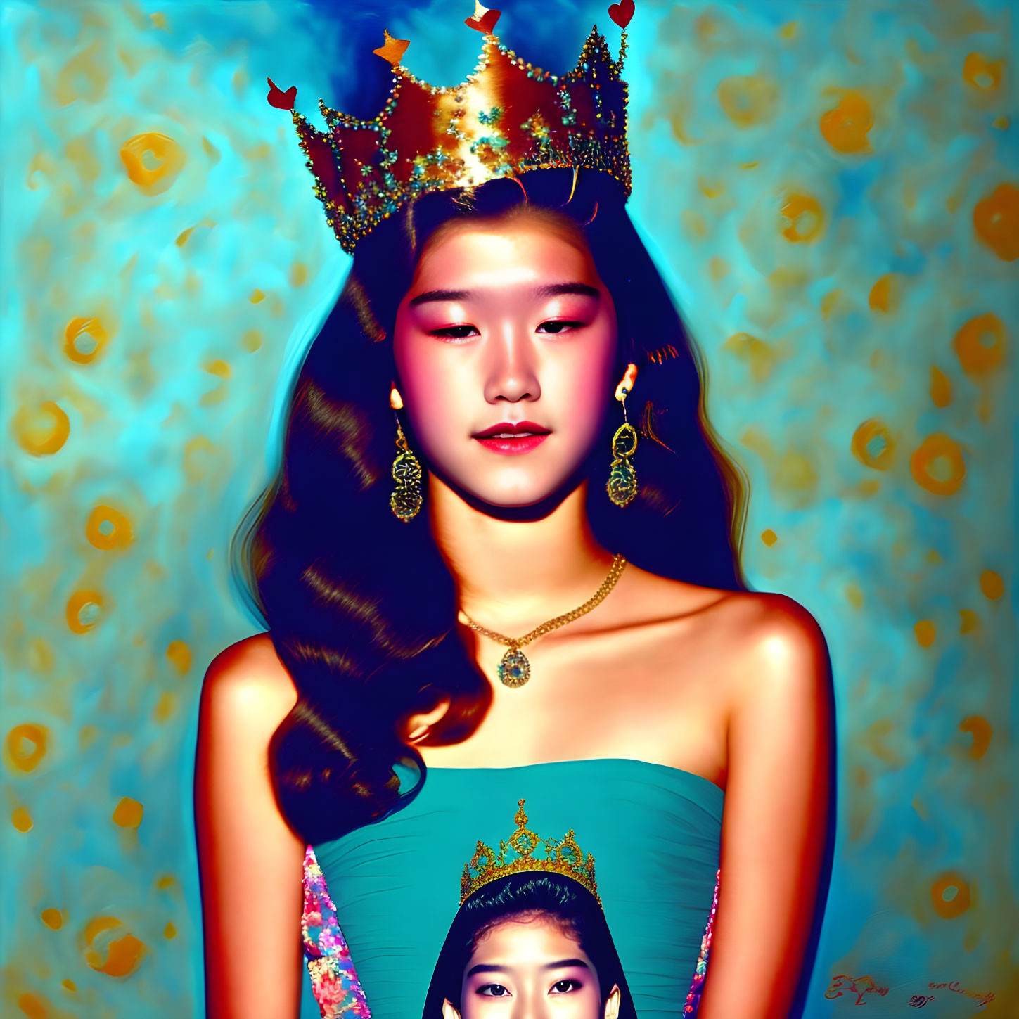 Digital artwork of a woman with crown, warm colors, duplicated portrait effect, blue abstract background