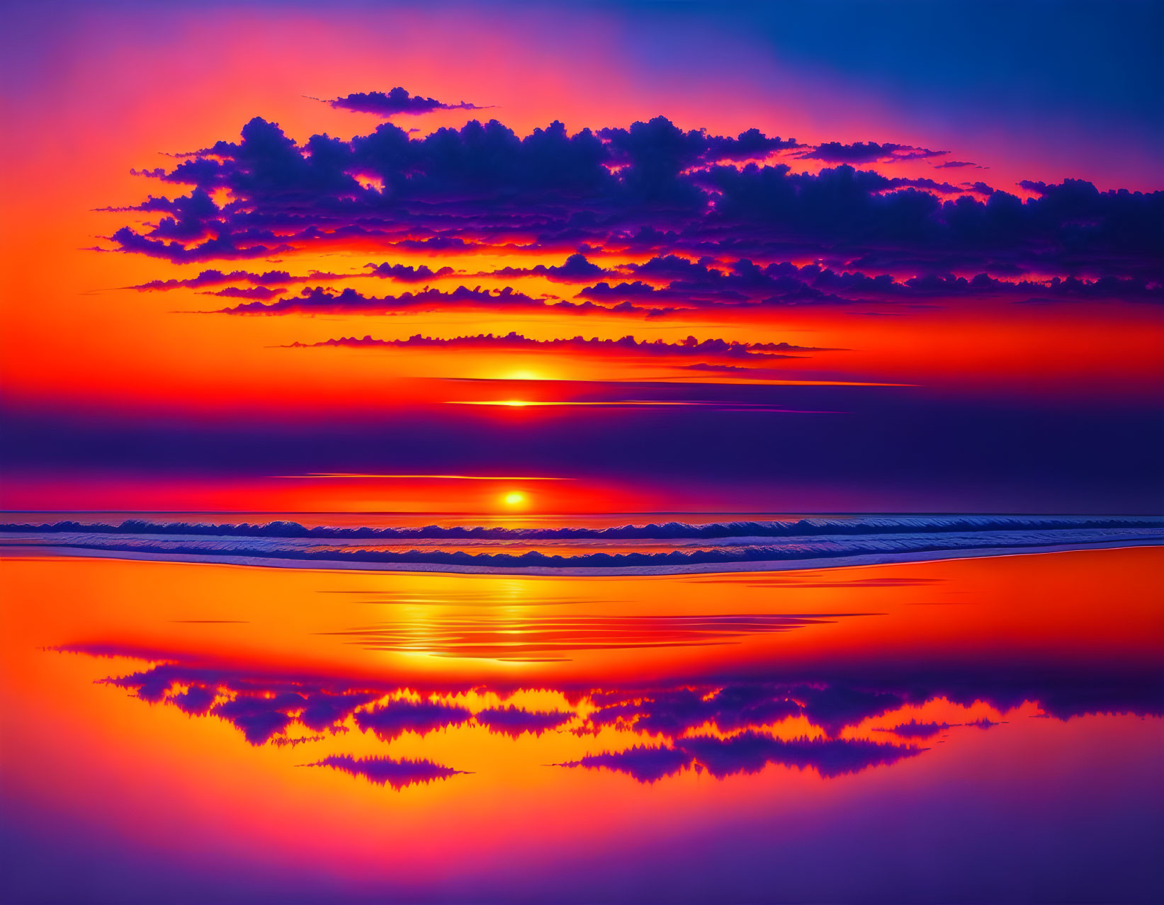 Colorful sunset over water with orange clouds and sun peeking through