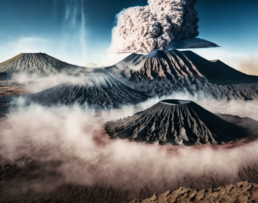 Volcanic eruption with large ash plume over mountainous landscape