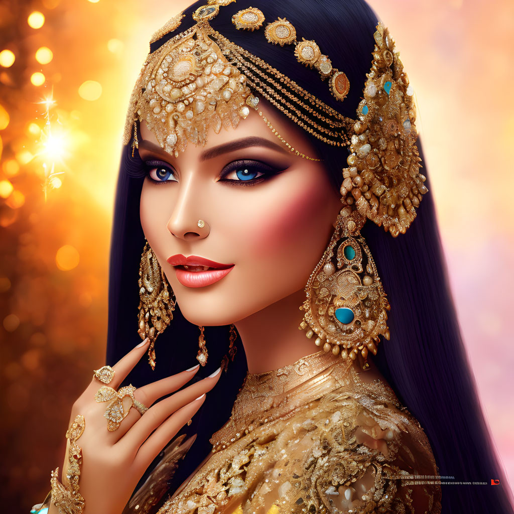 Detailed Illustration of Woman in Elaborate Gold Jewelry & Headpiece