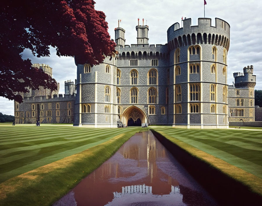 Historic castle with towers and battlements reflected in a serene canal amid lush green lawns