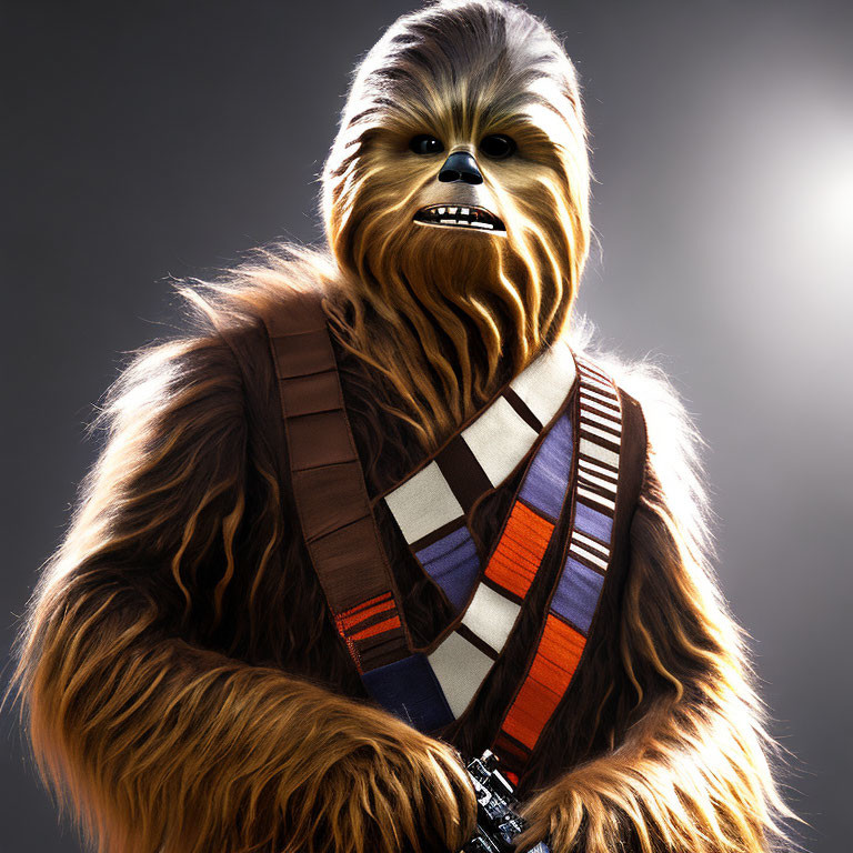 Detailed Chewbacca character with bandolier on grey background