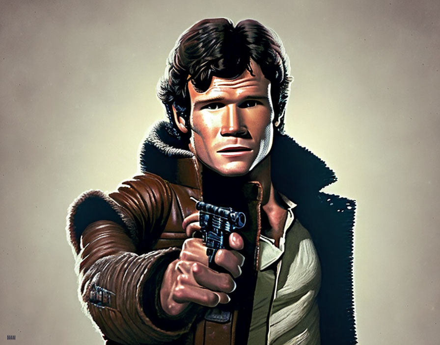 Man with Tousled Hair Wielding Blaster in Brown Jacket