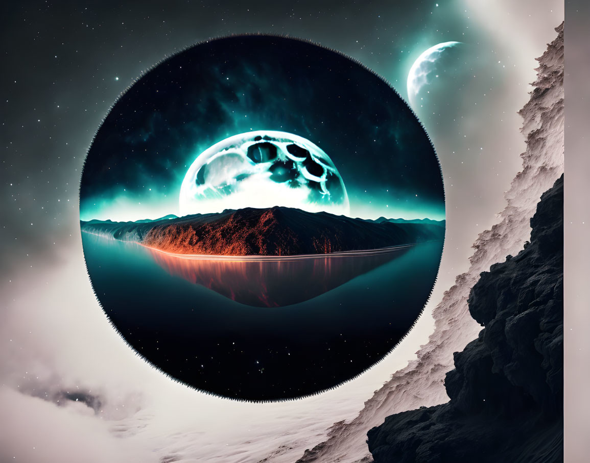 Surreal landscape with circular portal to vibrant alien world