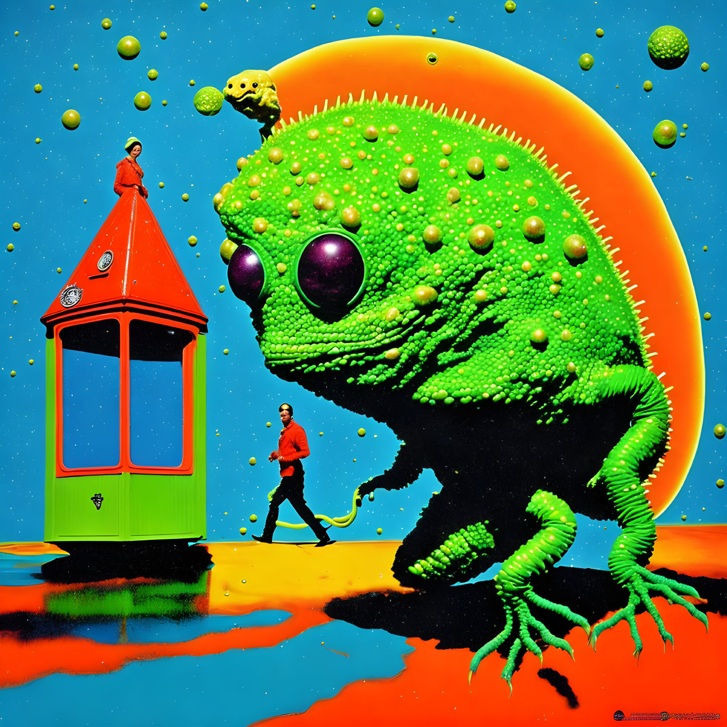 Man in orange spacesuit walks giant green chameleon in space setting.