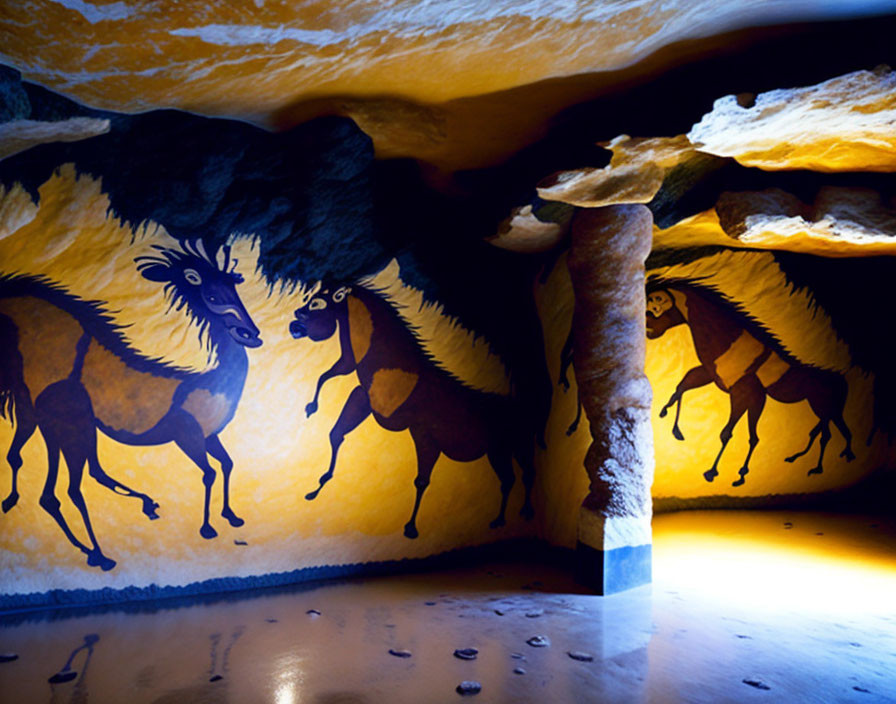 Yellow and Orange Prehistoric Cave Horse Paintings in Dimly Lit Cave