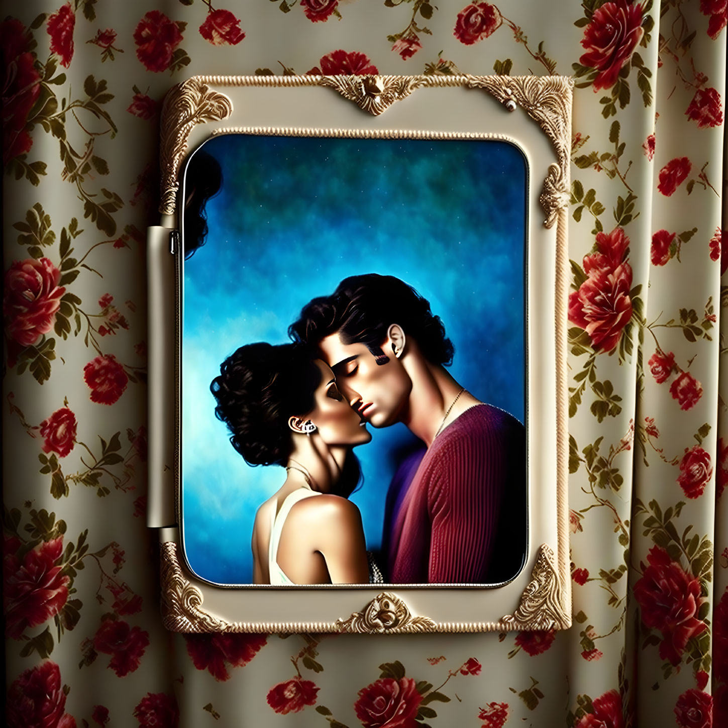 Romantic couple kissing in vintage frame on floral wallpaper