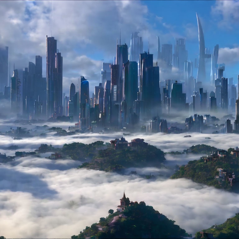 Futuristic cityscape with towering skyscrapers and greenery