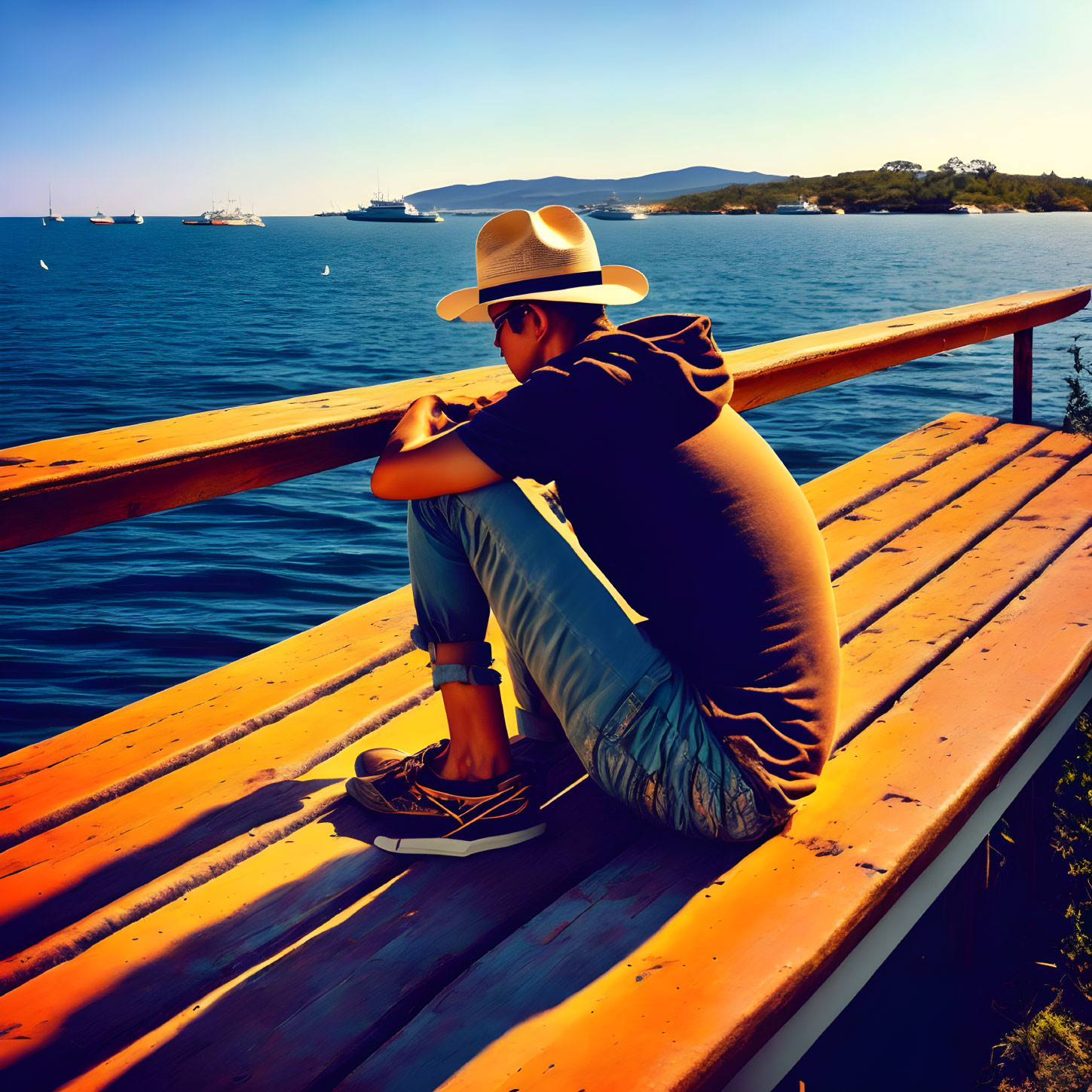 Person in hat on wooden dock gazes at boats on sunny blue water with hills.