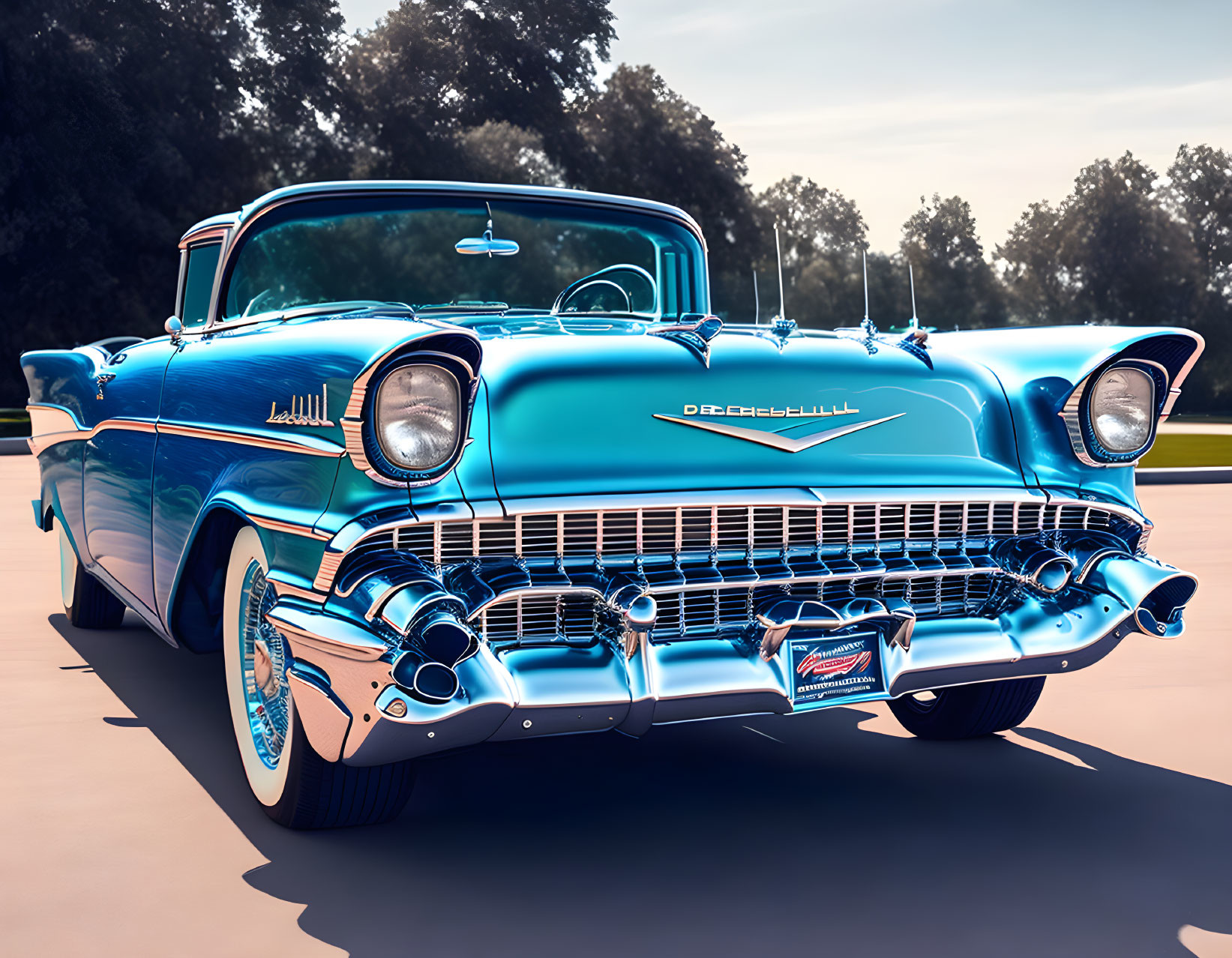 Vintage Blue Chevrolet Bel Air with Chrome Detailing and White Wall Tires