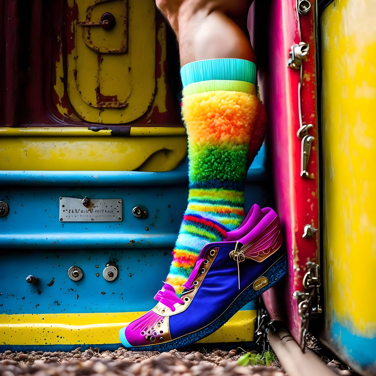 Colorful Rainbow Sock and Roller Skate with Stacked Suitcases