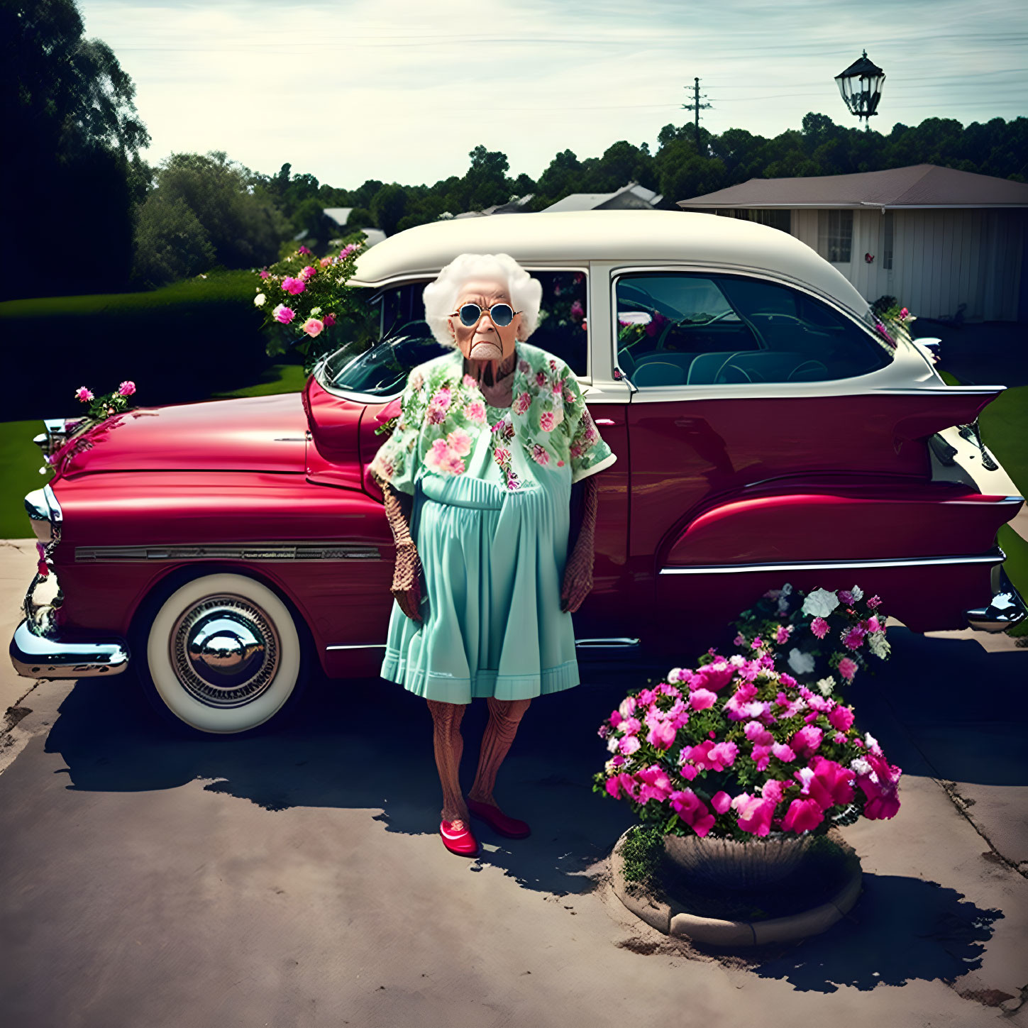 Elderly lady in turquoise dress by red car with pink flowers.