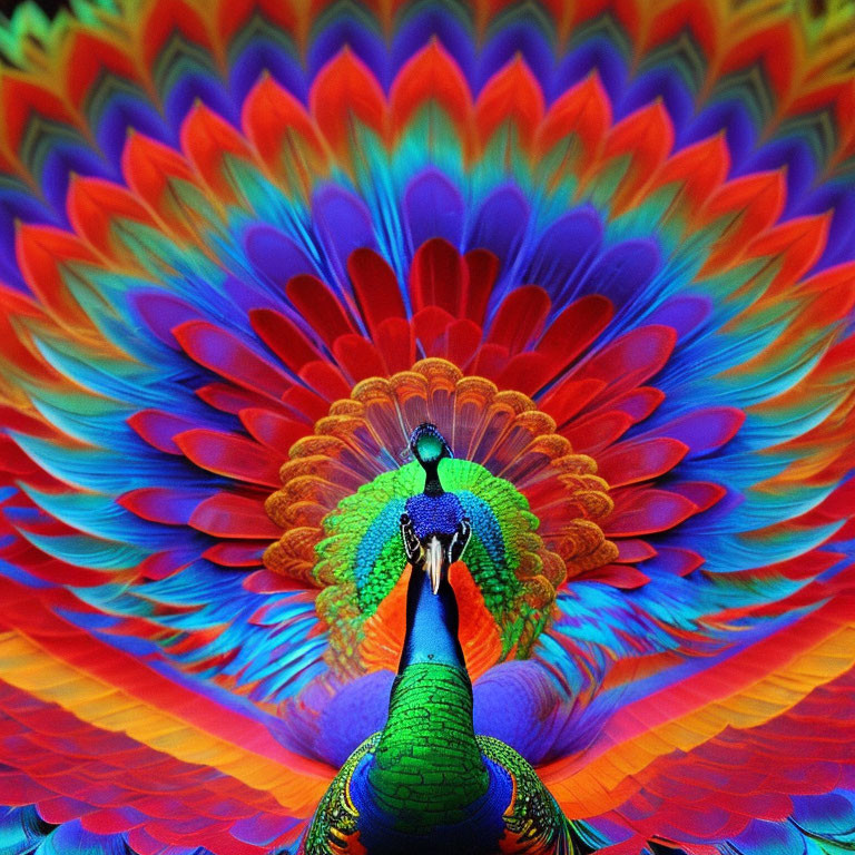 Vivid peacock tail feathers in blue, green, red, and orange fan formation