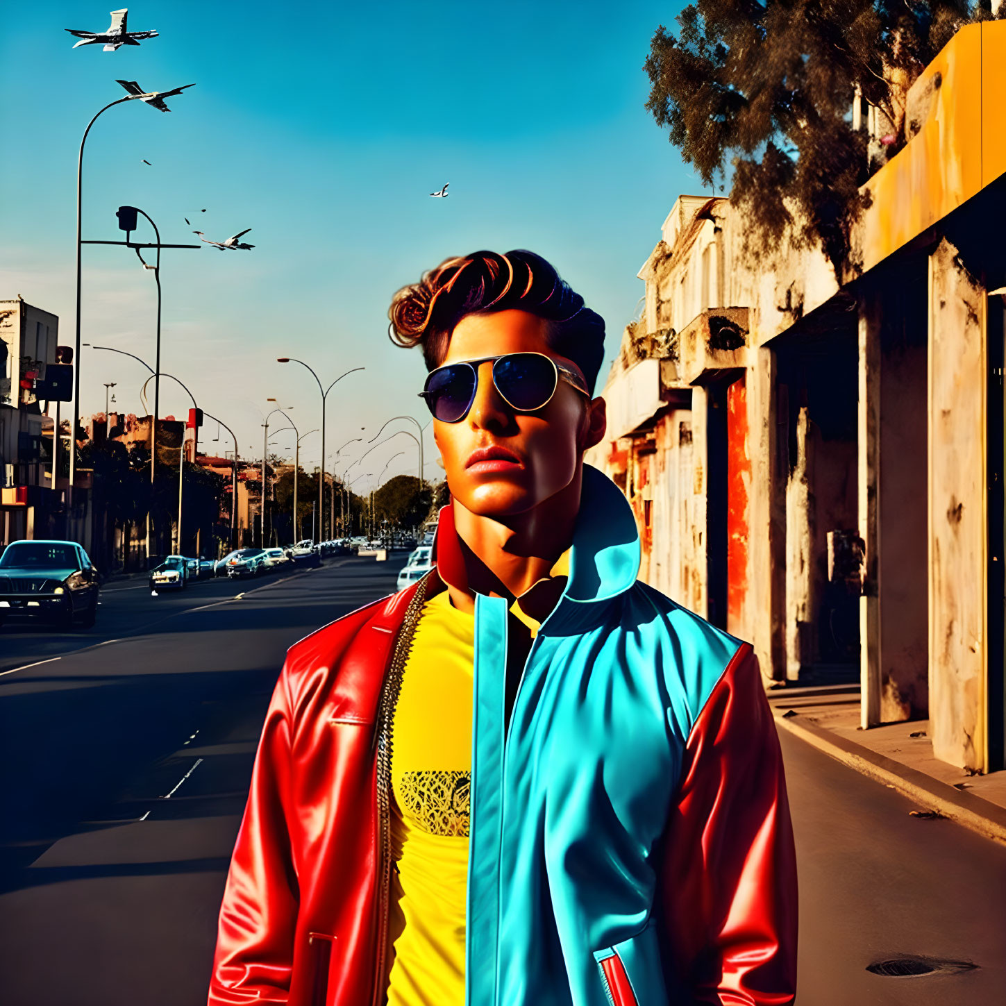 Confident man in sunglasses and multicolored jacket on urban street