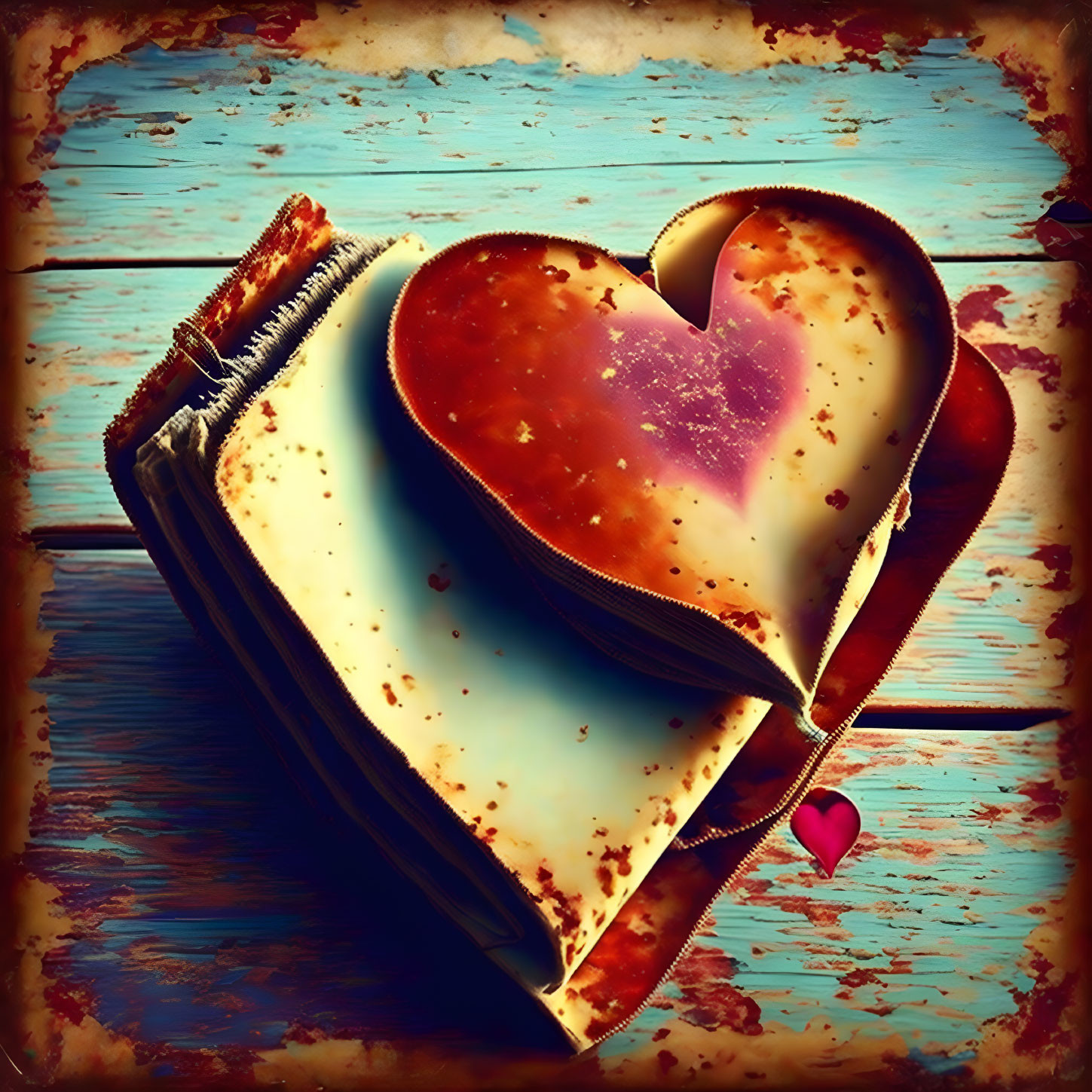 Vintage book with heart-shaped pages on rustic blue background