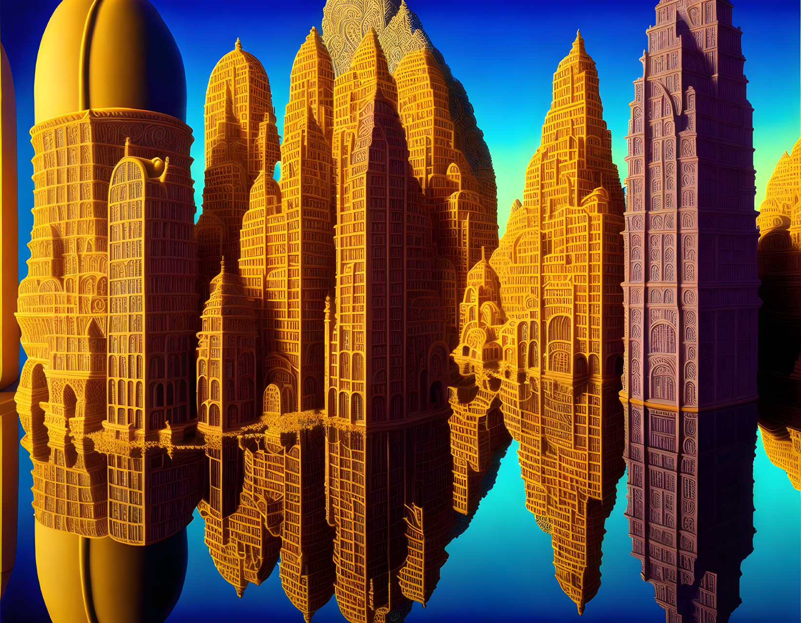 Futuristic golden cityscape with intricate buildings reflected in calm waters