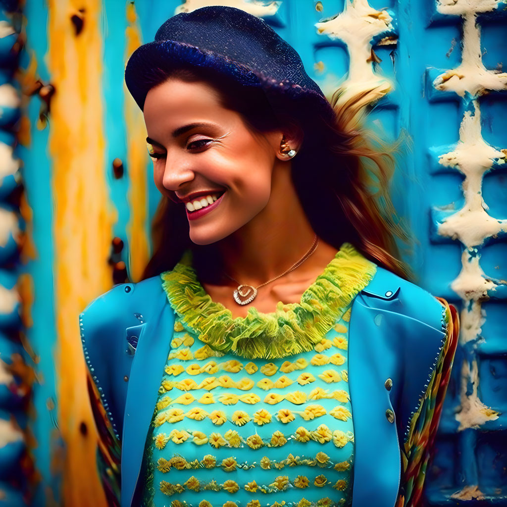 Smiling woman in beret with green and blue textured garment against vibrant blue wall