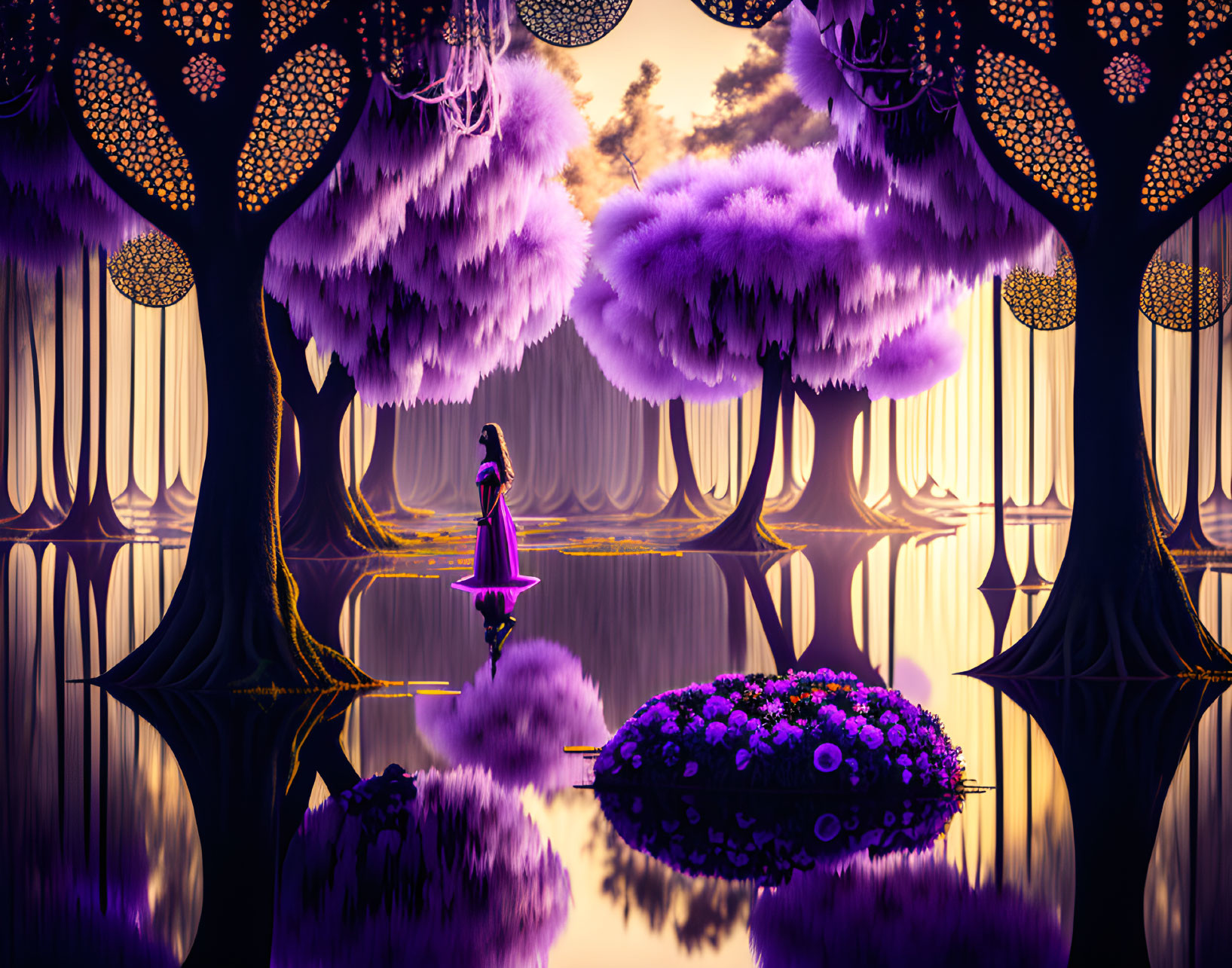 Fantasy landscape with person on boat under vibrant purple trees