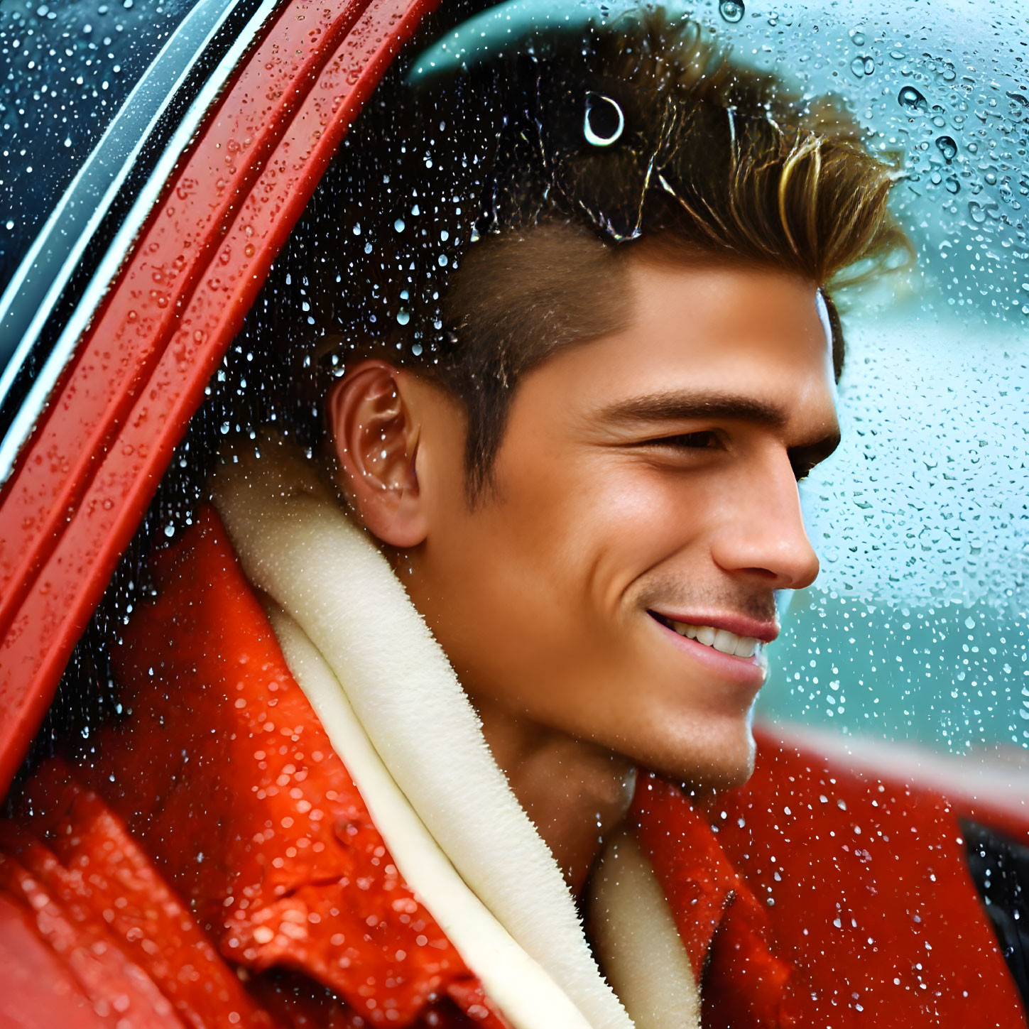 Man in Red Jacket Smiling Through Rainy Car Window