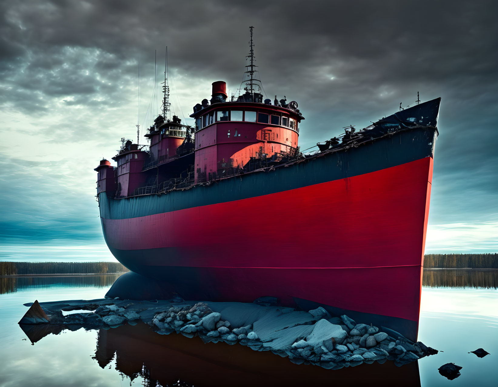 Red and Black Ship Beached on Rocky Mound at Dusk