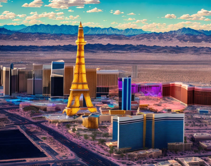 Colorful Eiffel Tower Replica in Las Vegas Skyline at Dusk