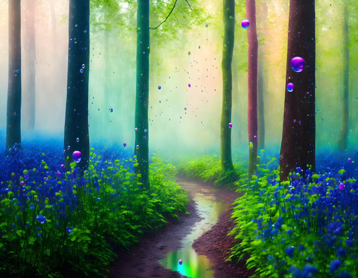 Colorful Bubble Forest Path with Wildflowers and Trees