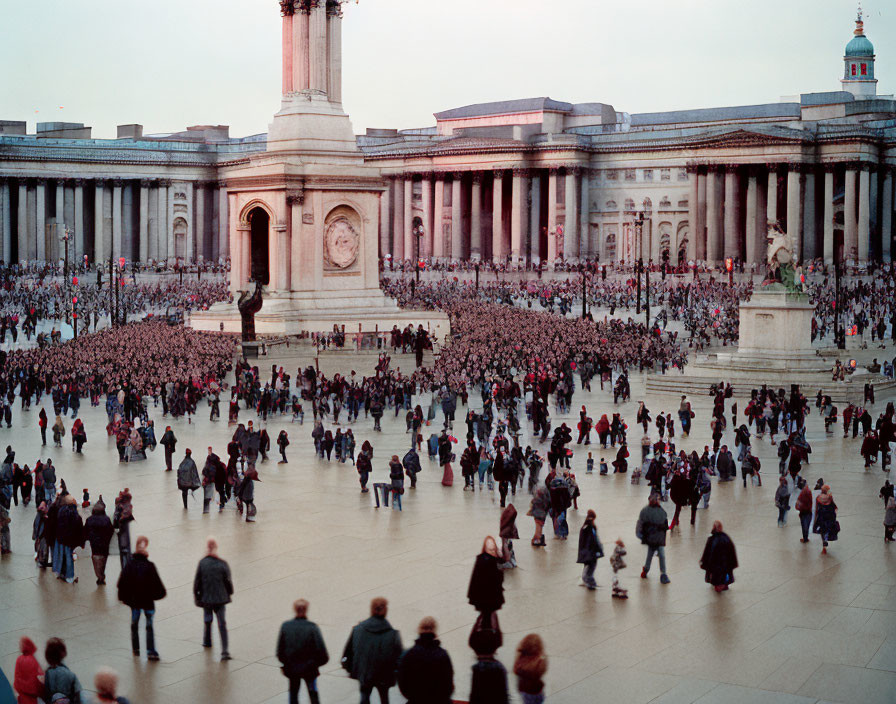 Crowd at Trafalgar Square with National Gallery and Nelson's Column