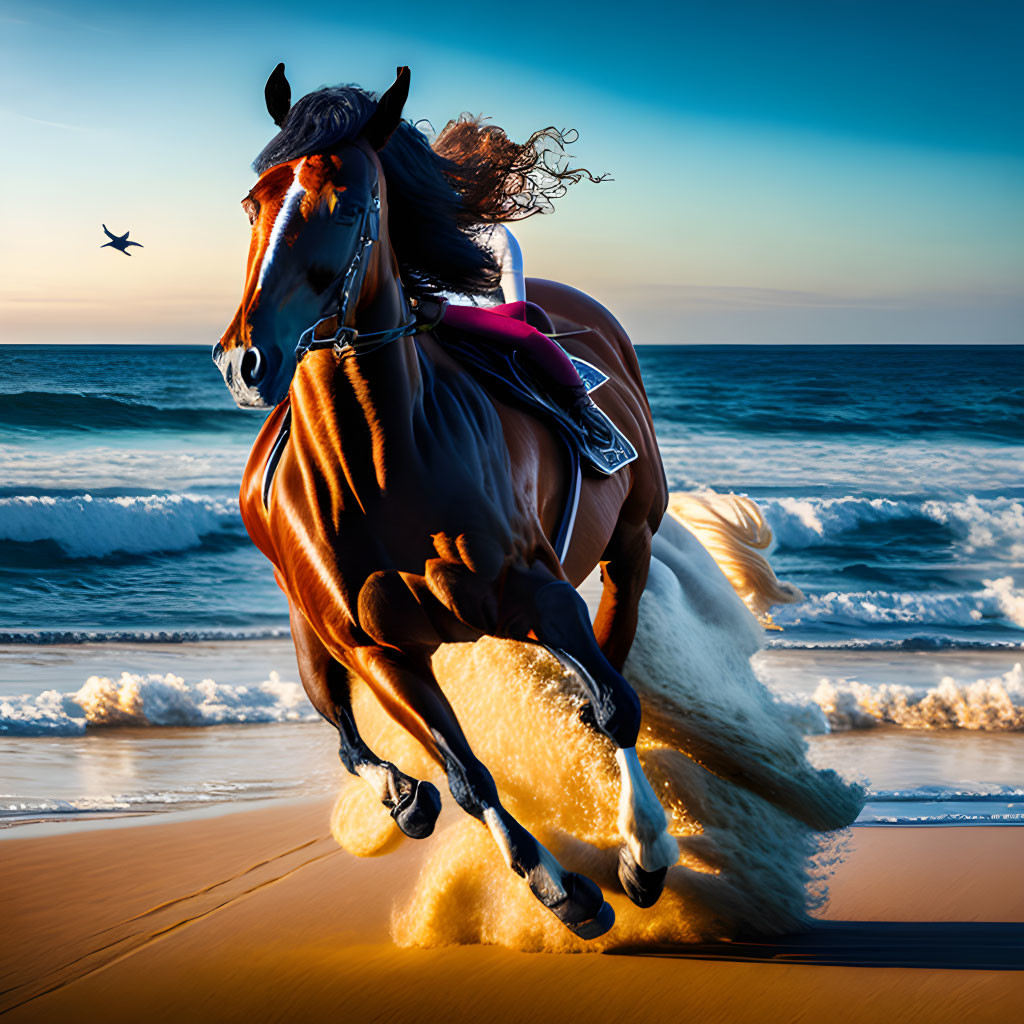 Majestic horse with flowing mane galloping on beach at sunset