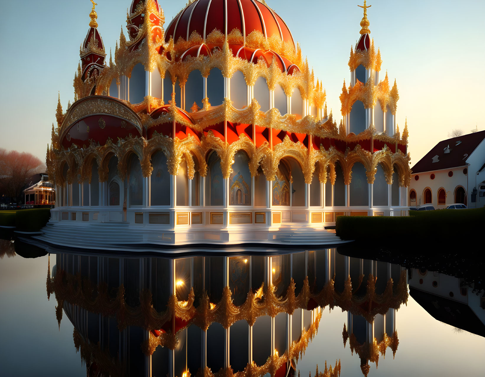 Ornate gold-accented building with spires reflected in still water at dusk