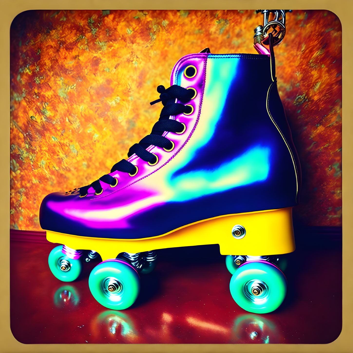 Colorful Purple and Yellow Roller Skate on Red Background